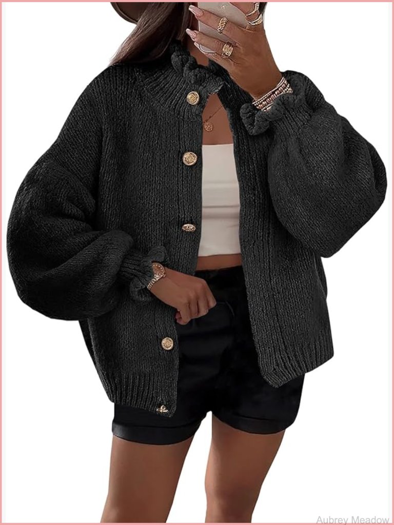 Ruffled Oversized Button Up Cardigan Long Sleeve Ribbed Knit Sweater